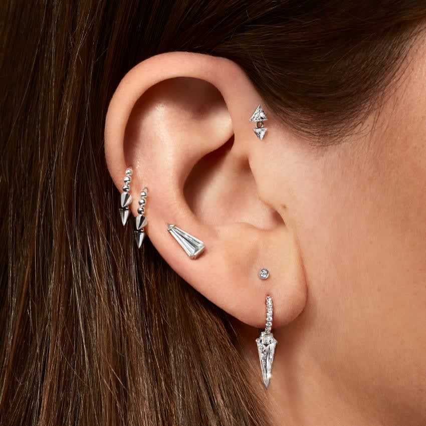 Silhouette Diamond Long Spike Eternity Hoop Earring Yellow Gold 6.5mm