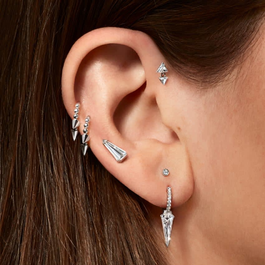 Invisible Set Triangle Diamond Dangle Threaded Earring White Gold 4mm / 3mm