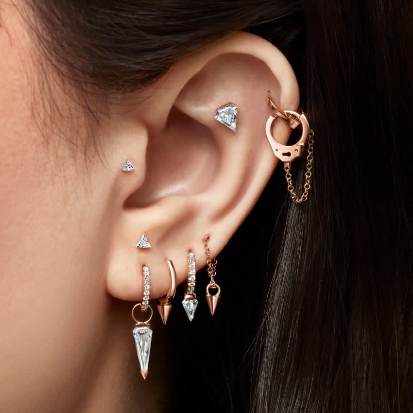 Invisible Set Triangle Diamond Threaded Stud Earring Rose Gold 2.5mm