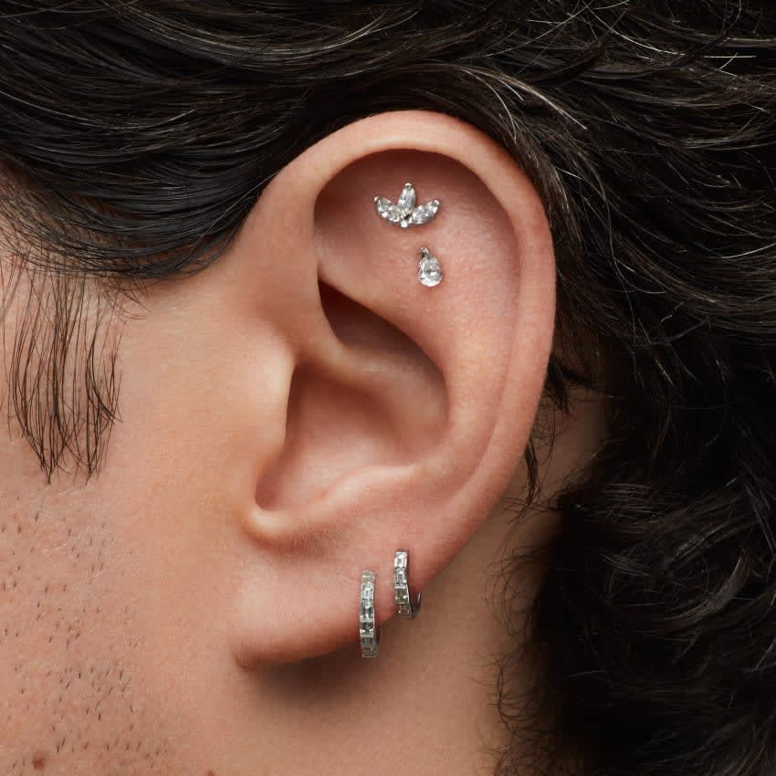 Floating Pear Diamond Charm Threaded Stud Earring White Gold 4mm