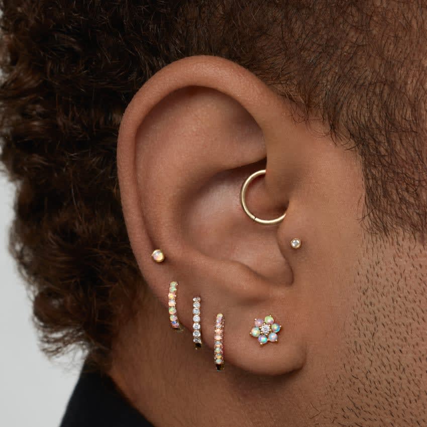 Opal and Diamond Pavé Hoop Earring (Bottom Hinge) Yellow Gold 8mm