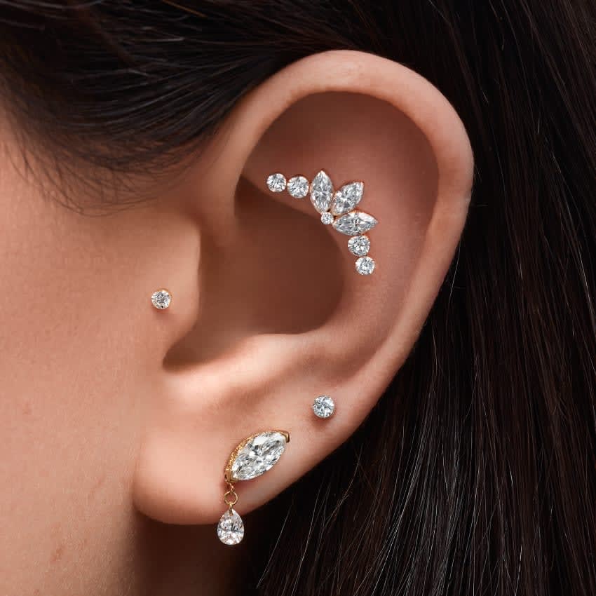 Invisible Set Diamond Lotus Garland Threaded Stud Earring Rose Gold