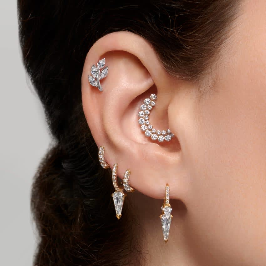 Silhouette Diamond Long Spike Eternity Hoop Earring Yellow Gold 8mm