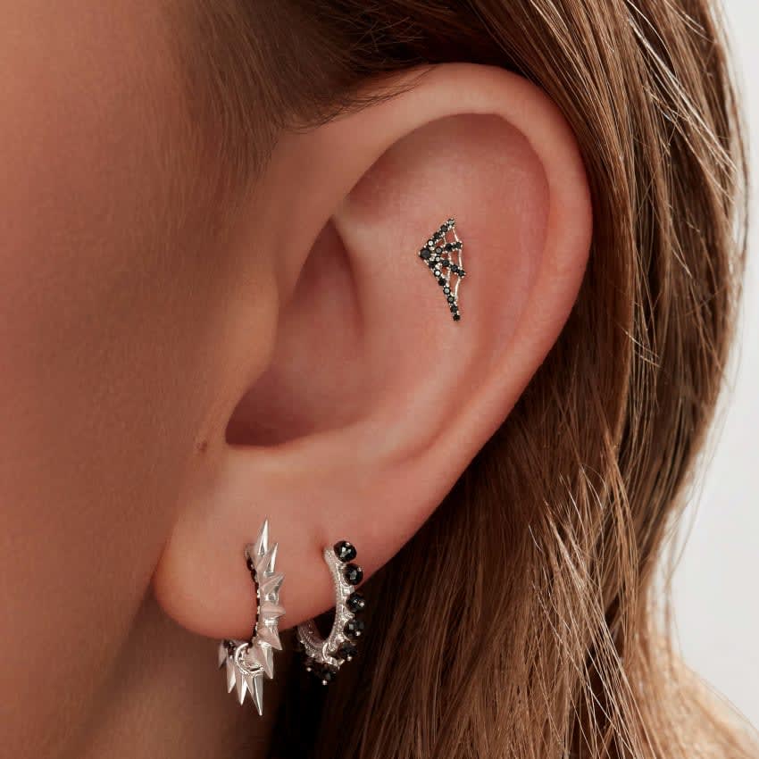 Metal Mohawk with Black and White Diamond Pavé Hoop Earring White Gold 9.5mm