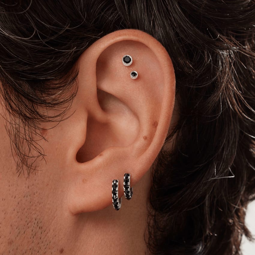 Reverse Set Black Diamond Eternity Hoop Earring White Gold 6.5mm