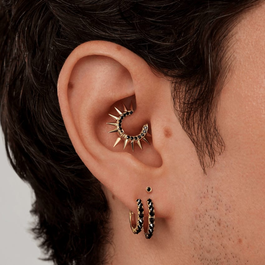 Reverse Set Black Diamond Eternity Hoop Earring White Gold 9.5mm