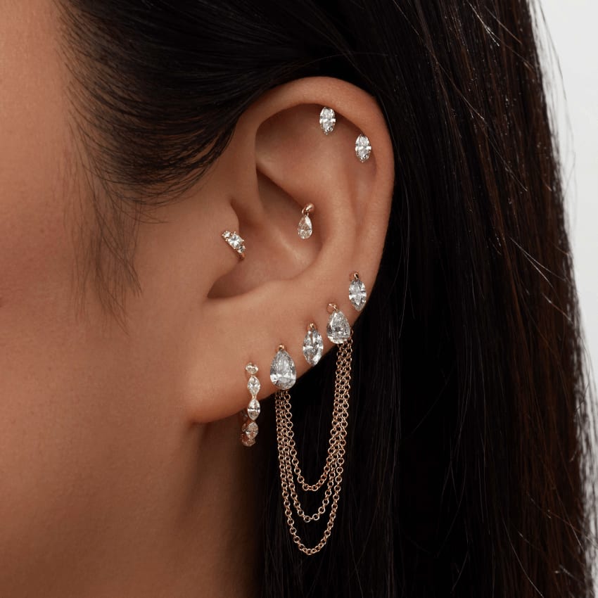 Floating Double Marquise Diamond Drape Threaded Stud Earring White Gold 5.5mm / 7mm Horizontal+A Direction