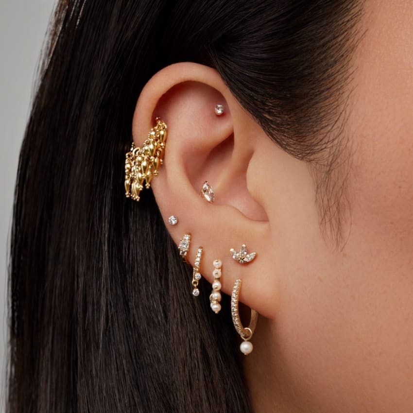 Diamond Engraved Lotus Threaded Stud Earring Yellow Gold 4mm