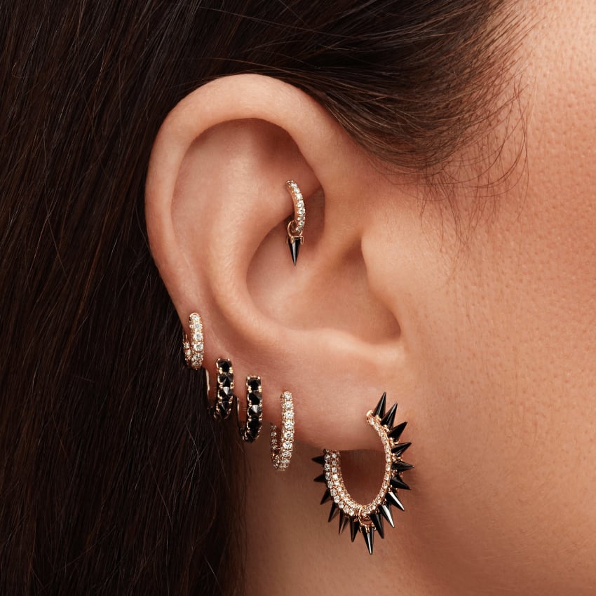 Reverse Set Black Diamond Eternity Hoop Earring Yellow Gold 6.5mm