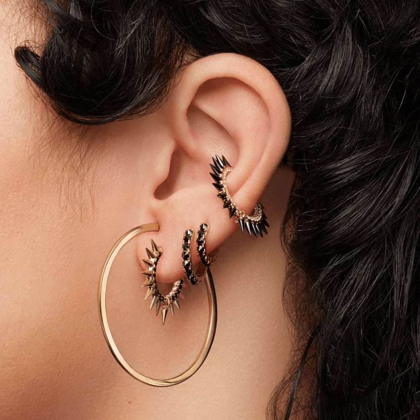 Reverse Set Black Diamond Eternity Hoop Earring Yellow Gold 8mm