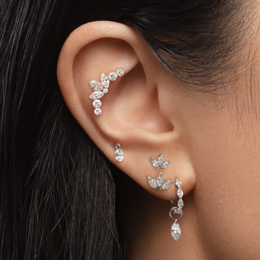 Diamond Engraved Lotus Threaded Stud Earring White Gold 4mm