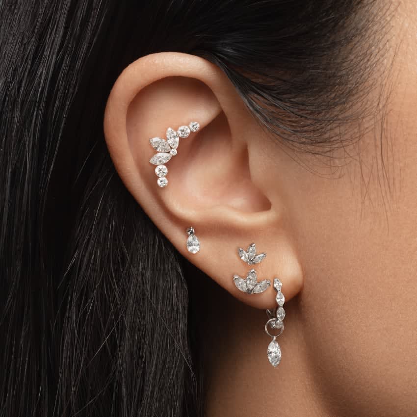Floating Pear Diamond Charm Threaded Stud Earring White Gold 4mm