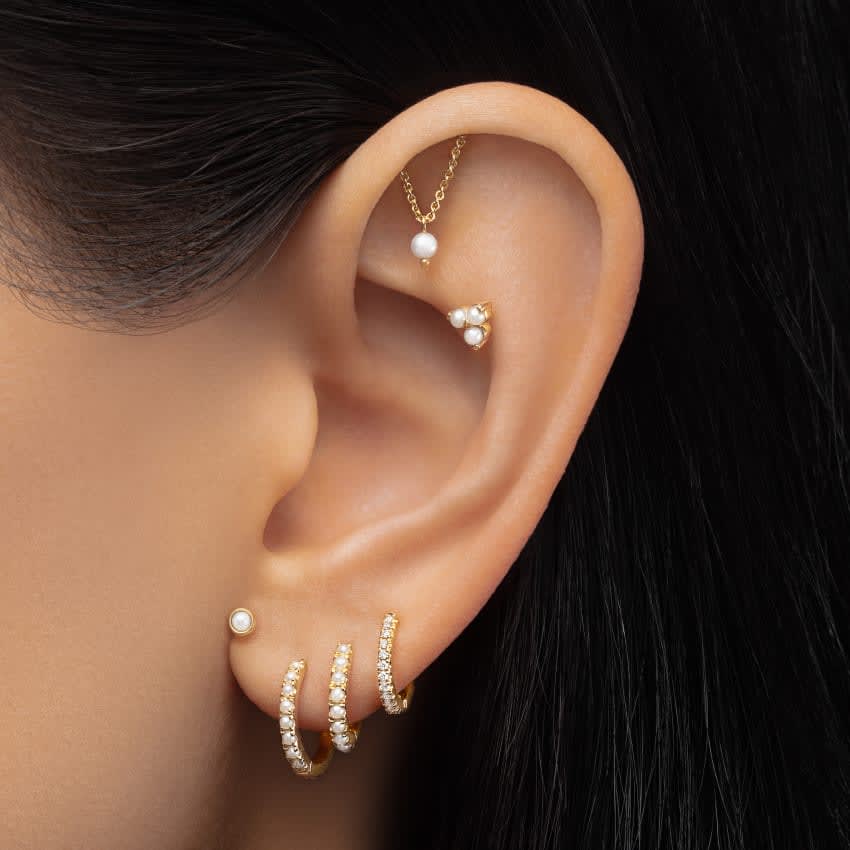 Pearl Drape Threaded Stud Earring Yellow Gold 2.5mm Horizontal