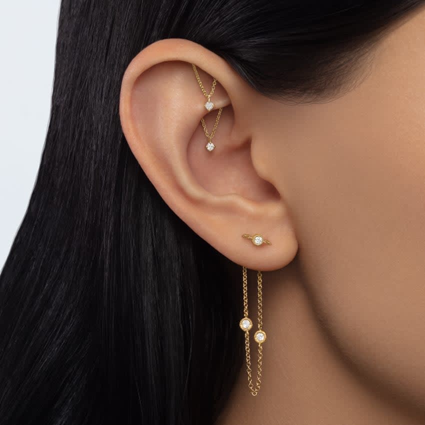 Prong Set Diamond Drape Threaded Stud Earring Yellow Gold 2mm Vertical