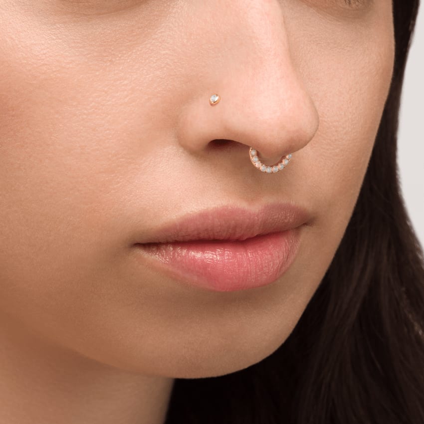 Opal Horizontal Eternity Hoop Earring Rose Gold 8mm 16 Gauge = 1.3mm