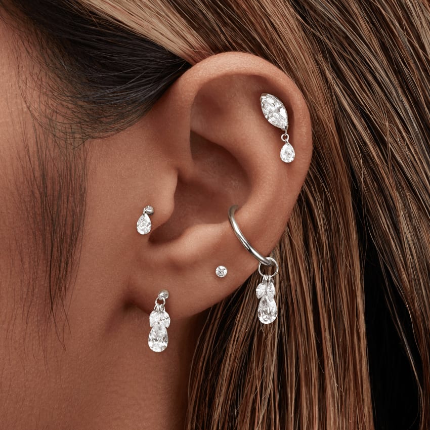 Floating Pear Diamond Charm Threaded Stud Earring Yellow Gold 4mm