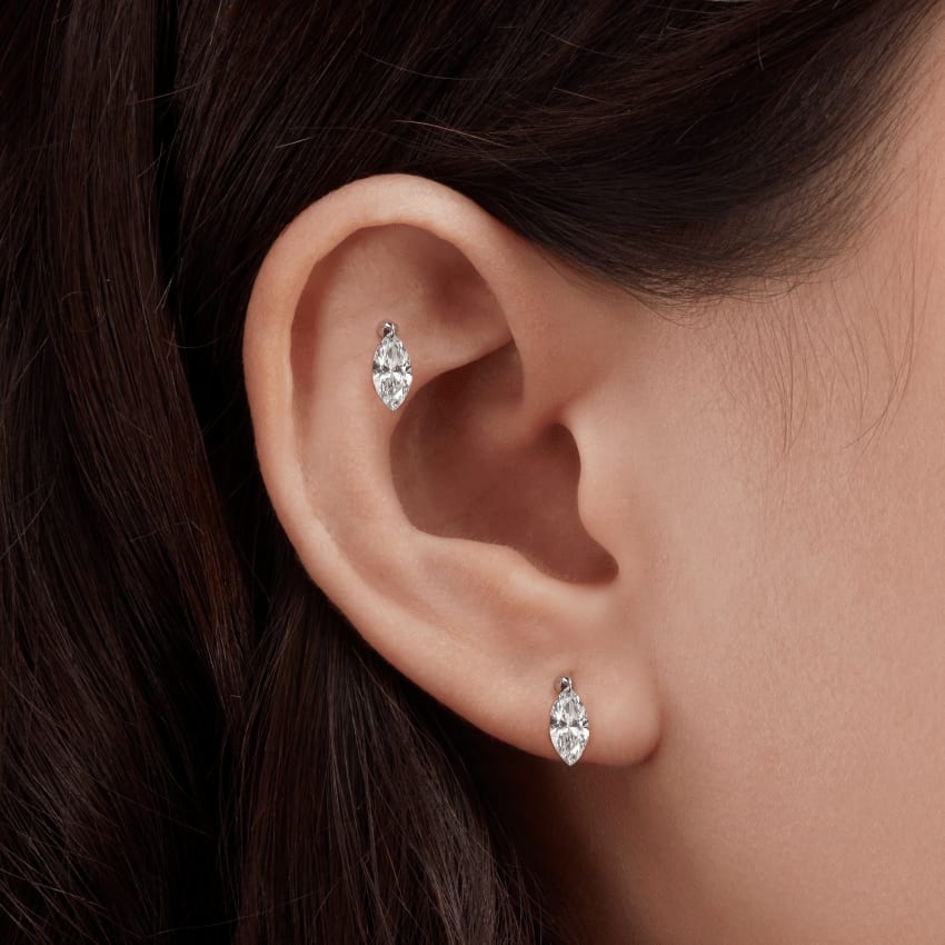 Floating Marquise Diamond Charm Threaded Stud Earring Yellow Gold 7mm