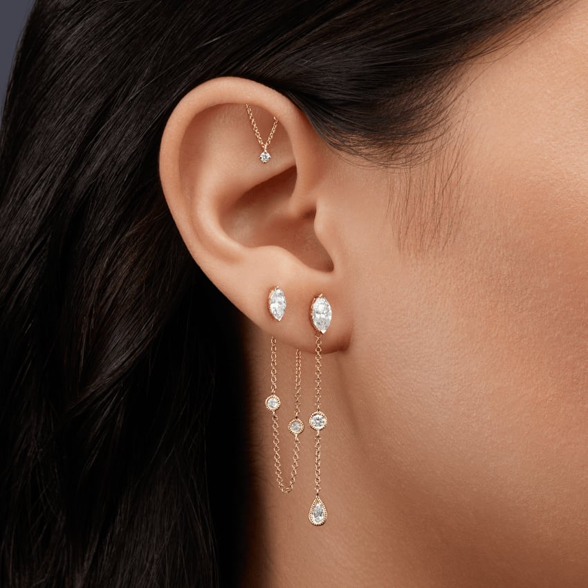 Prong Set Diamond Drape Threaded Stud Earring White Gold 2mm Horizontal