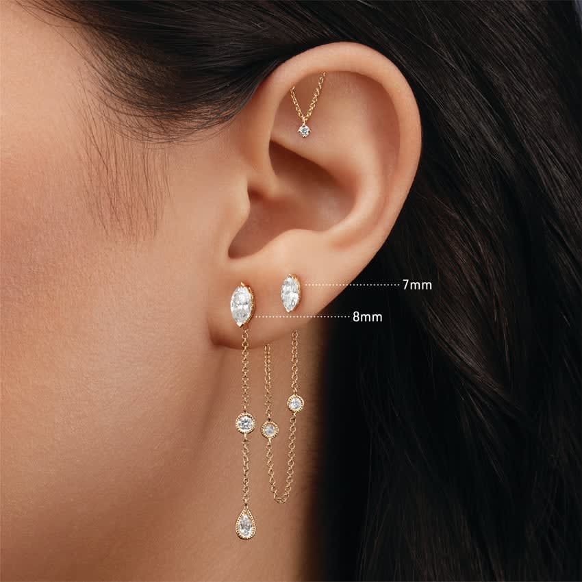 Marquise Diamond Threaded Stud Earring Yellow Gold 8mm