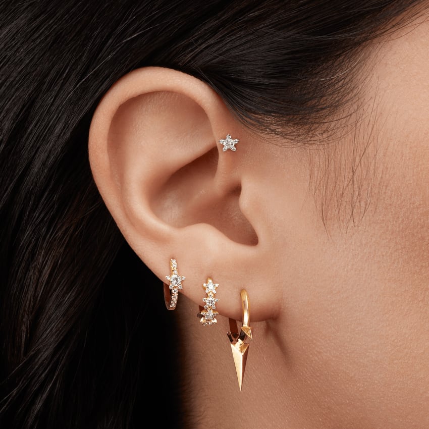 Diamond Star Eternity Hoop Earring Yellow Gold 8mm
