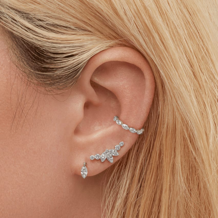 Floating Marquise Diamond Charm Stud Earring White Gold 6mm