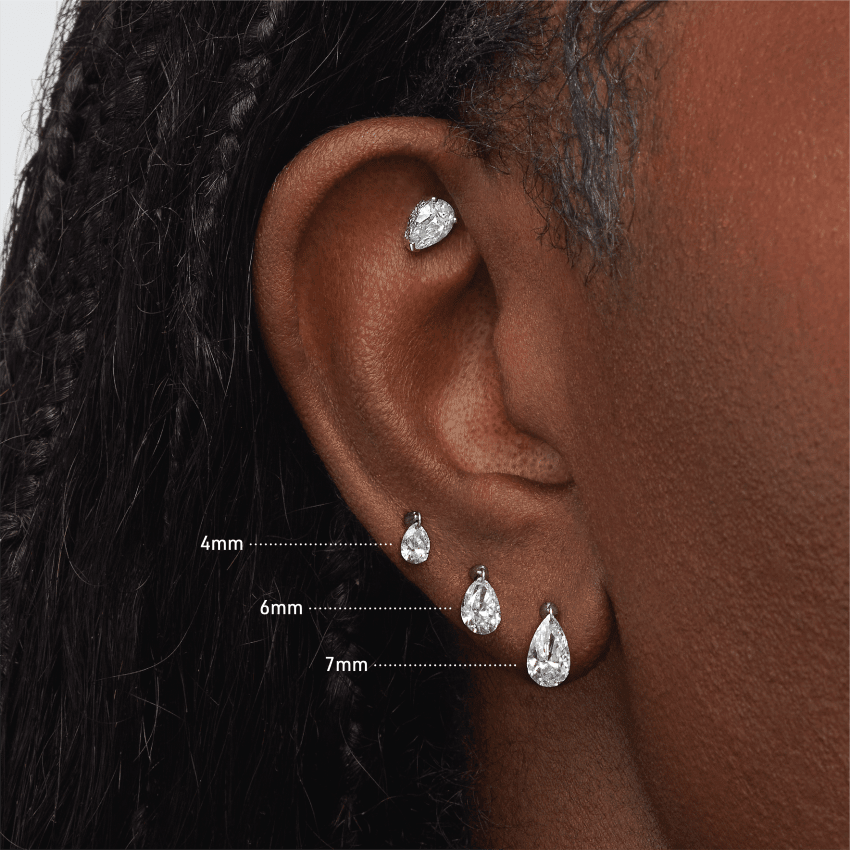 Floating Pear Diamond Charm Threaded Stud Earring White Gold 4mm