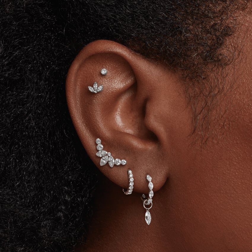 Diamond Engraved Lotus Threaded Stud Earring White Gold 3mm