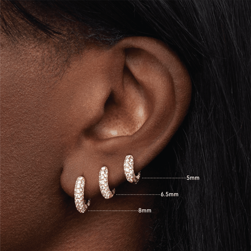 Invisible Set Diamond Three Row Pavé Hoop Earring Yellow Gold 6.5mm