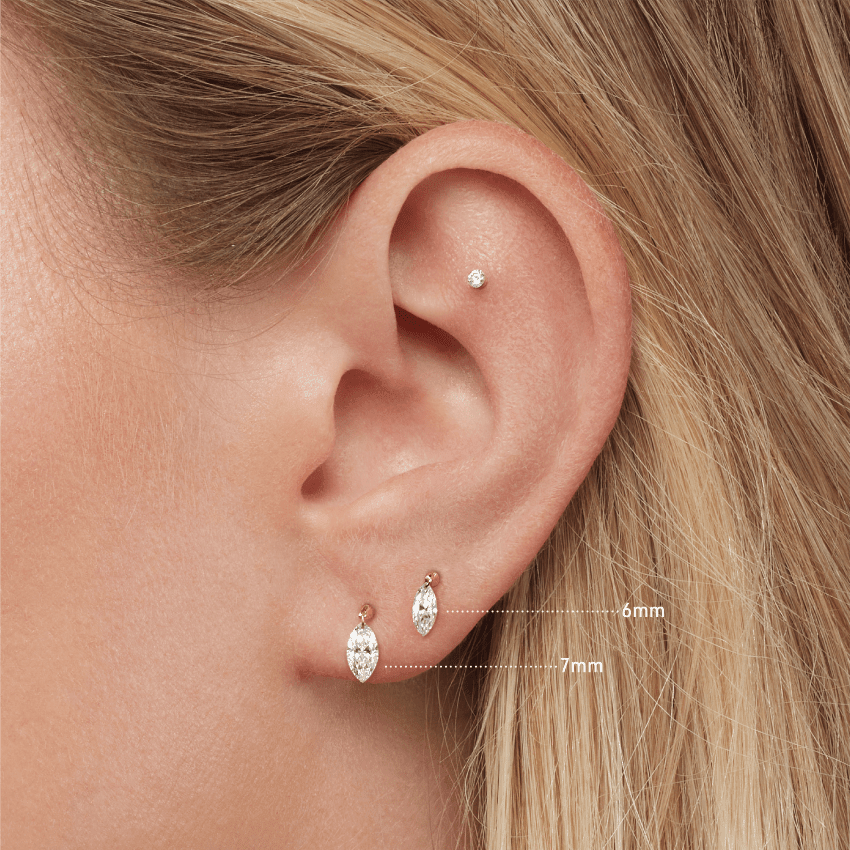 Floating Marquise Diamond Charm Threaded Stud Earring White Gold 6mm