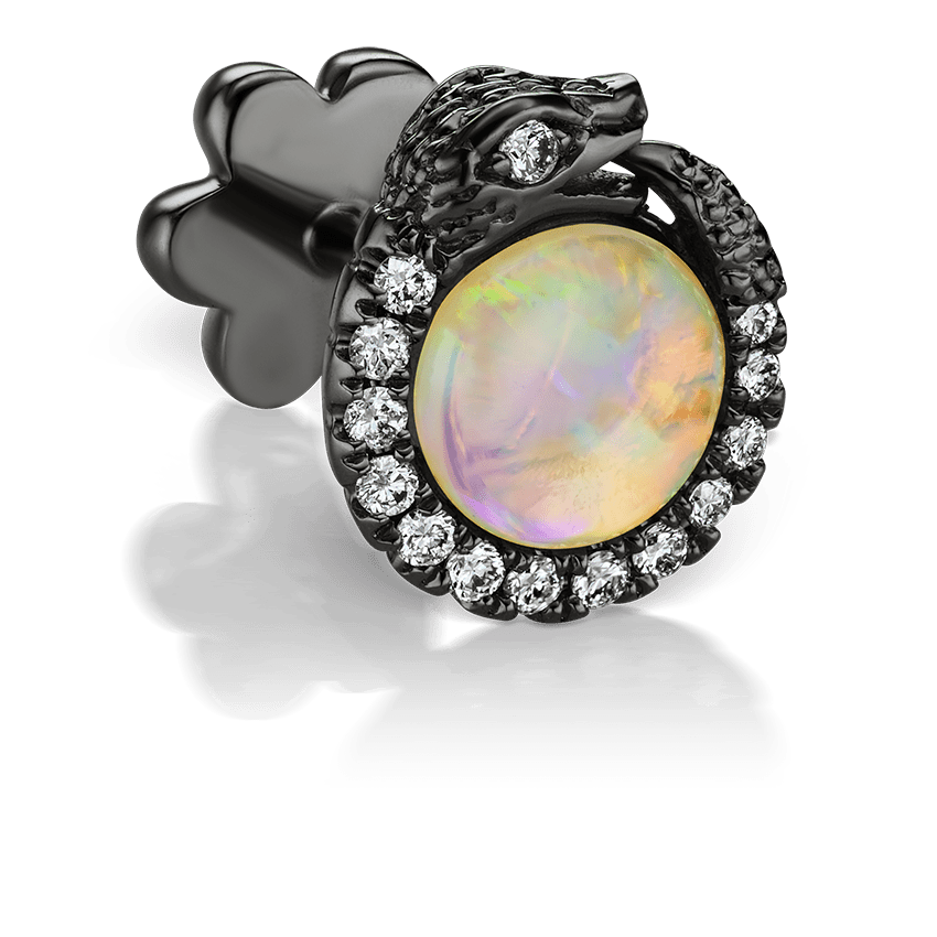 Opal and Diamond Pavé Ouroboros Threaded Stud Earring Black Gold 5mm