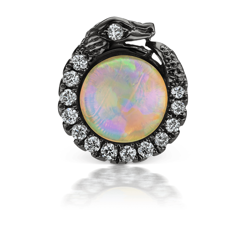 Opal and Diamond Pavé Ouroboros Threaded Stud Earring Black Gold 5mm