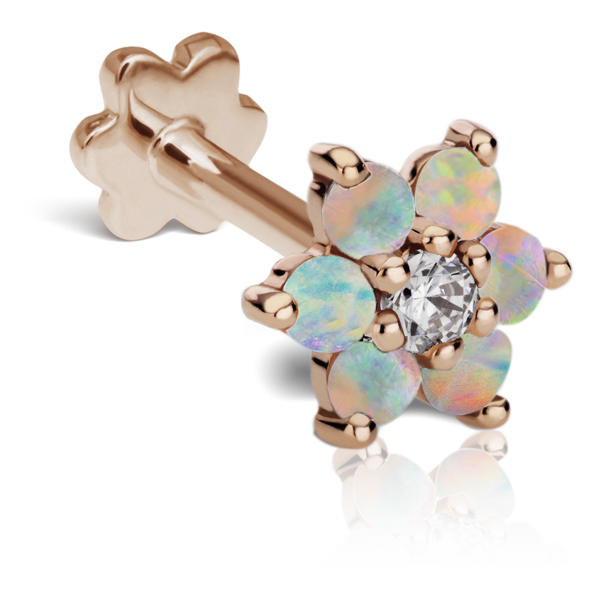 Opal Flower with Diamond Center Threaded Stud Earring Rose Gold 7.5mm
