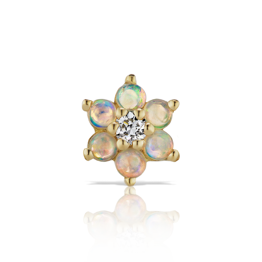 Opal Flower with Diamond Center Threaded Stud Earring Yellow Gold 6.5mm