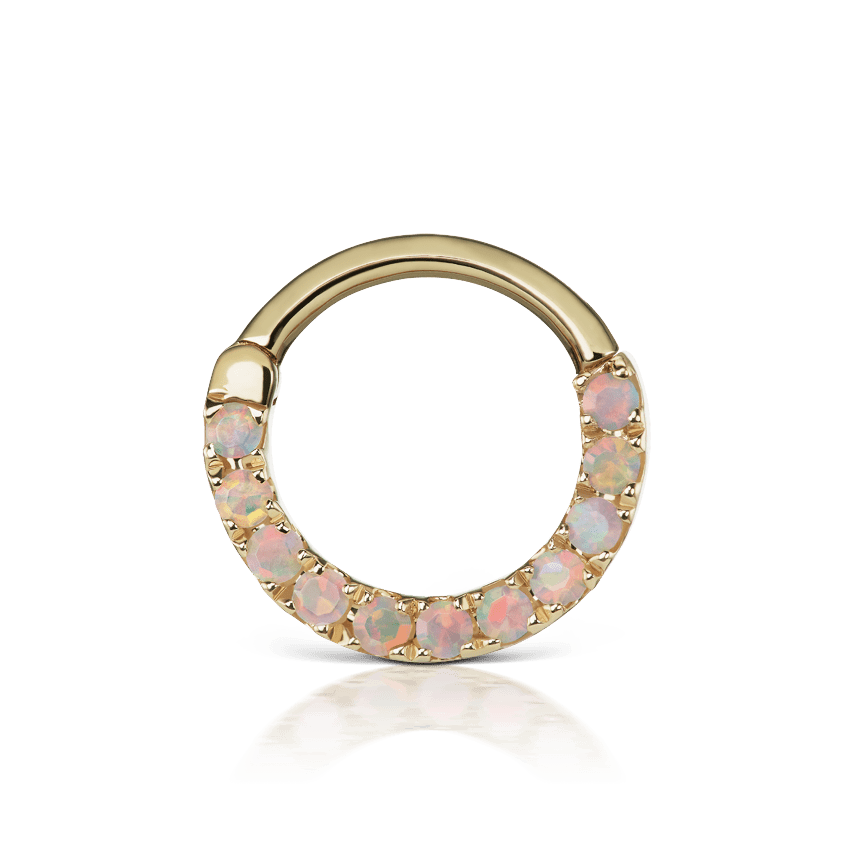 Opal Horizontal Eternity Hoop Earring Yellow Gold 8mm 16 Gauge = 1.3mm