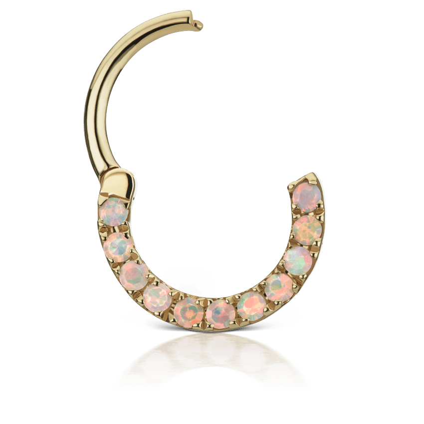Opal Horizontal Eternity Hoop Earring Yellow Gold 8mm 16 Gauge = 1.3mm