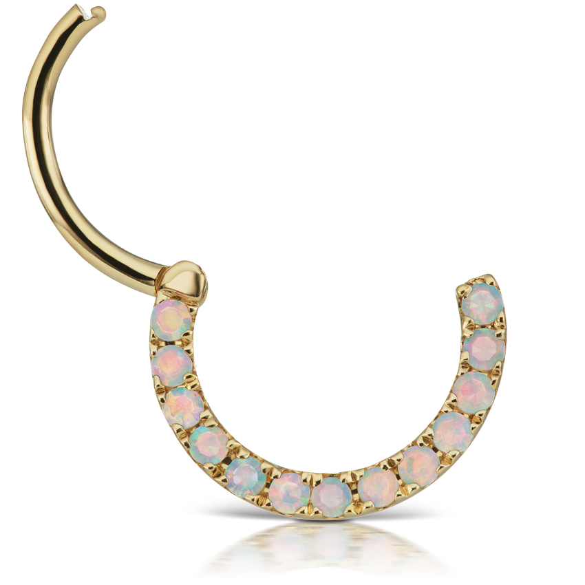 Opal Horizontal Eternity Hoop Earring Yellow Gold 9.5mm 16 Gauge = 1.3mm