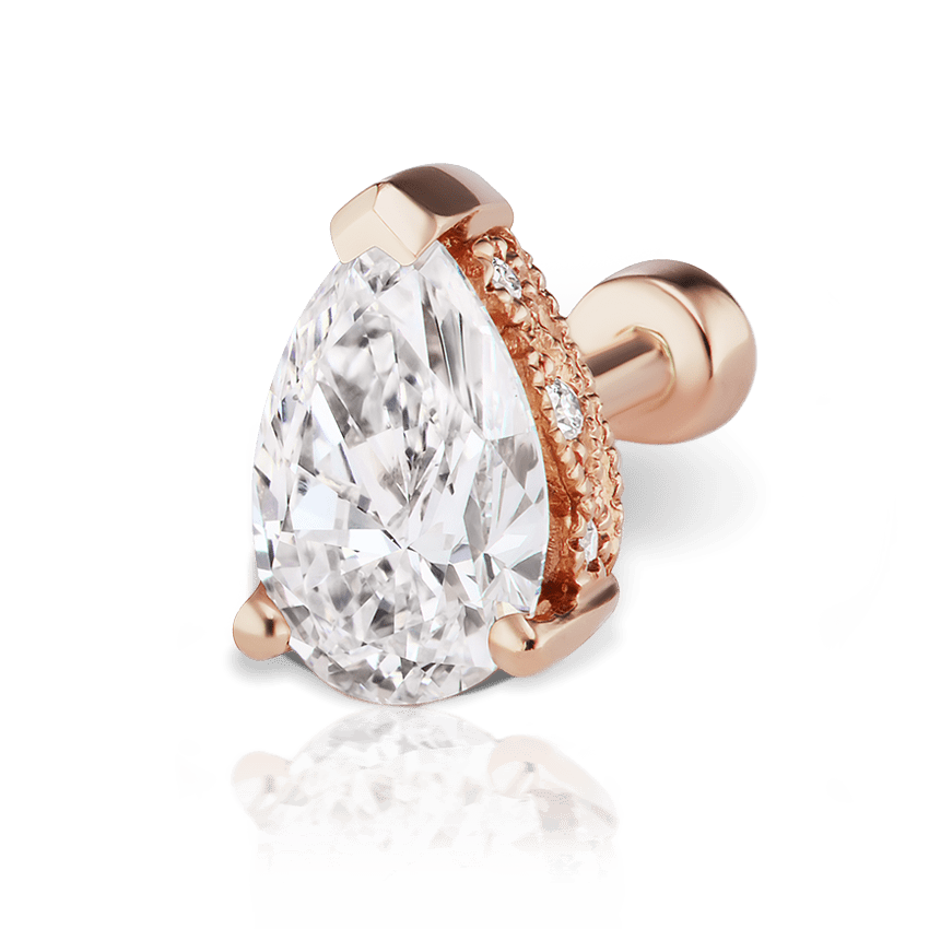 Pear Diamond Threaded Stud Earring, Diamond Back Rose Gold 7mm