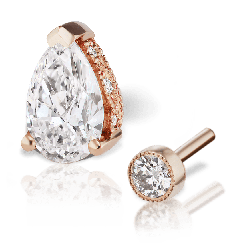 Pear Diamond Threaded Stud Earring, Diamond Back Rose Gold 7mm
