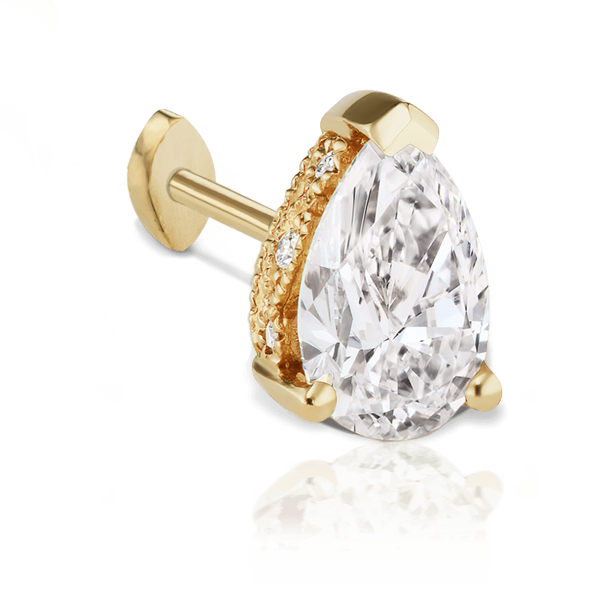 Pear Diamond Threaded Stud Earring, Marquise Diamond Back Yellow Gold 7mm