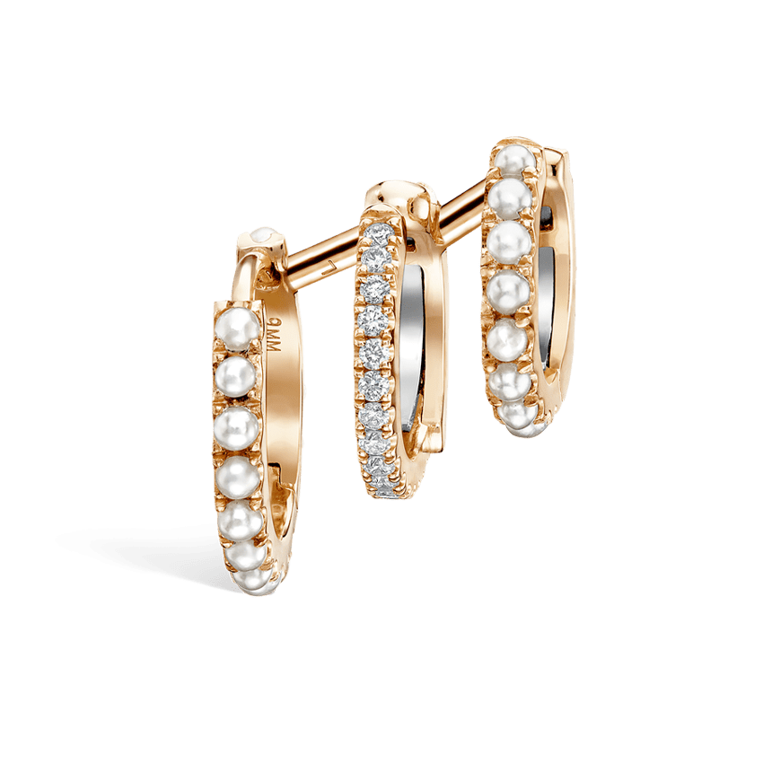 Pearl and Diamond Triple Linked Eternity Hoop Earring and Cuffs Rose Gold 9.5mm Left