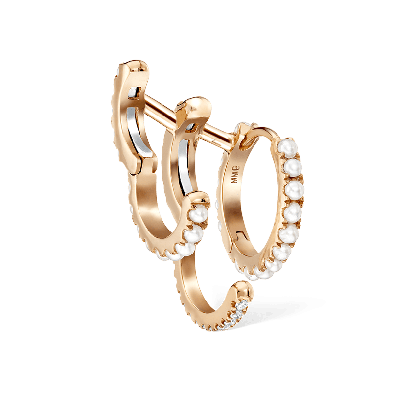 Pearl and Diamond Triple Linked Eternity Hoop Earring and Cuffs Rose Gold 9.5mm Right