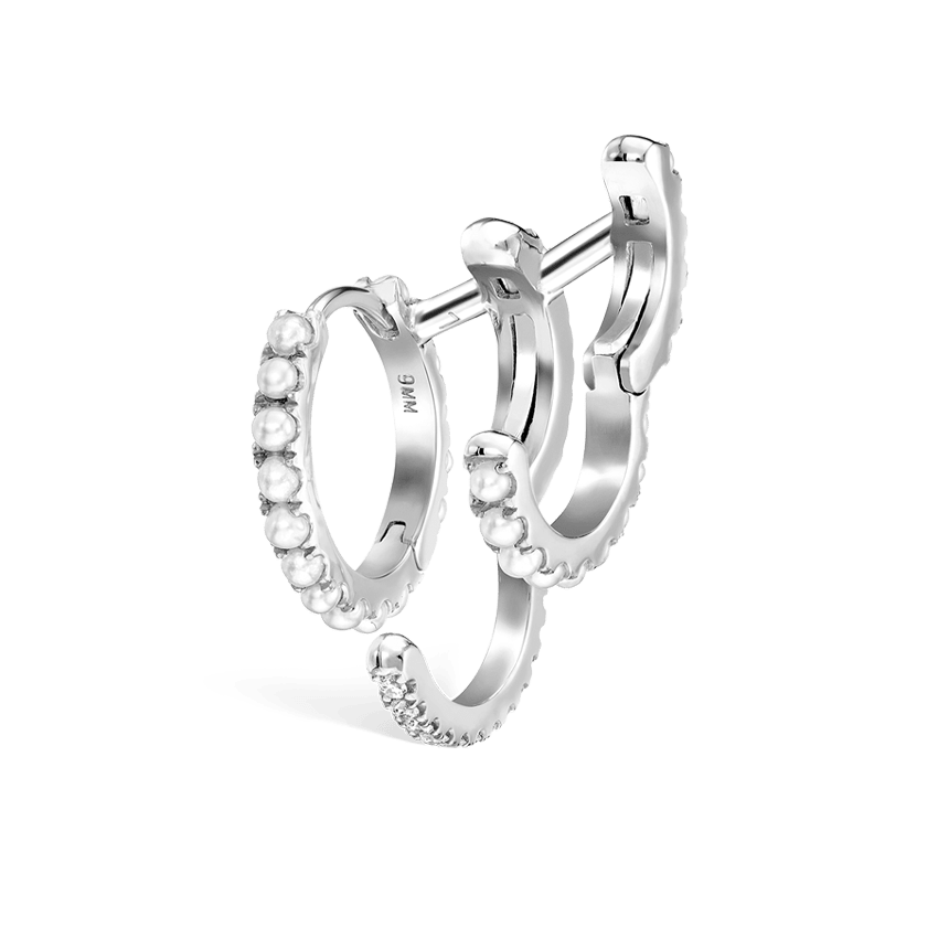 Pearl and Diamond Triple Linked Eternity Hoop Earring and Cuffs White Gold 9.5mm Left