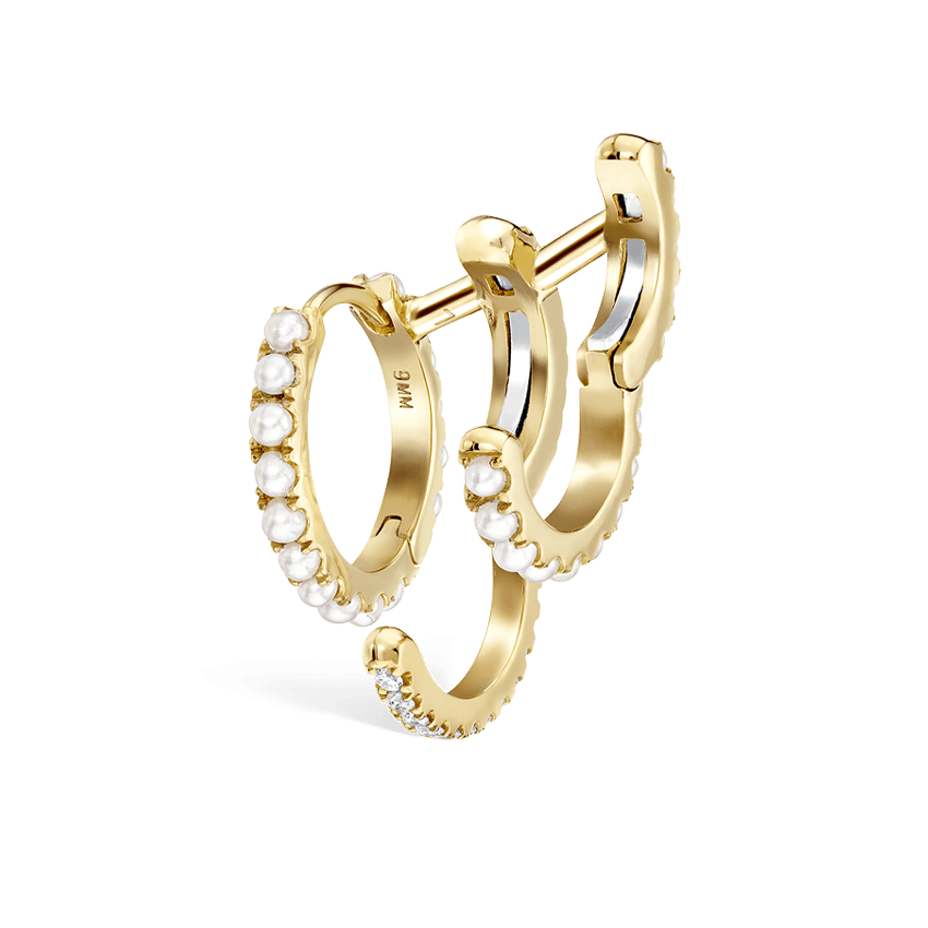 Pearl and Diamond Triple Linked Eternity Hoop Earring and Cuffs Yellow Gold 9.5mm Left