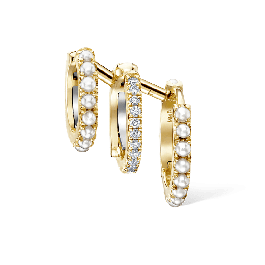 Pearl and Diamond Triple Linked Eternity Hoop Earring and Cuffs Yellow Gold 9.5mm Right
