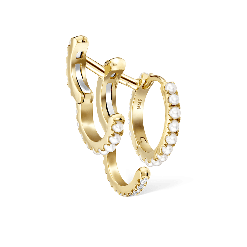 Pearl and Diamond Triple Linked Eternity Hoop Earring and Cuffs Yellow Gold 9.5mm Right