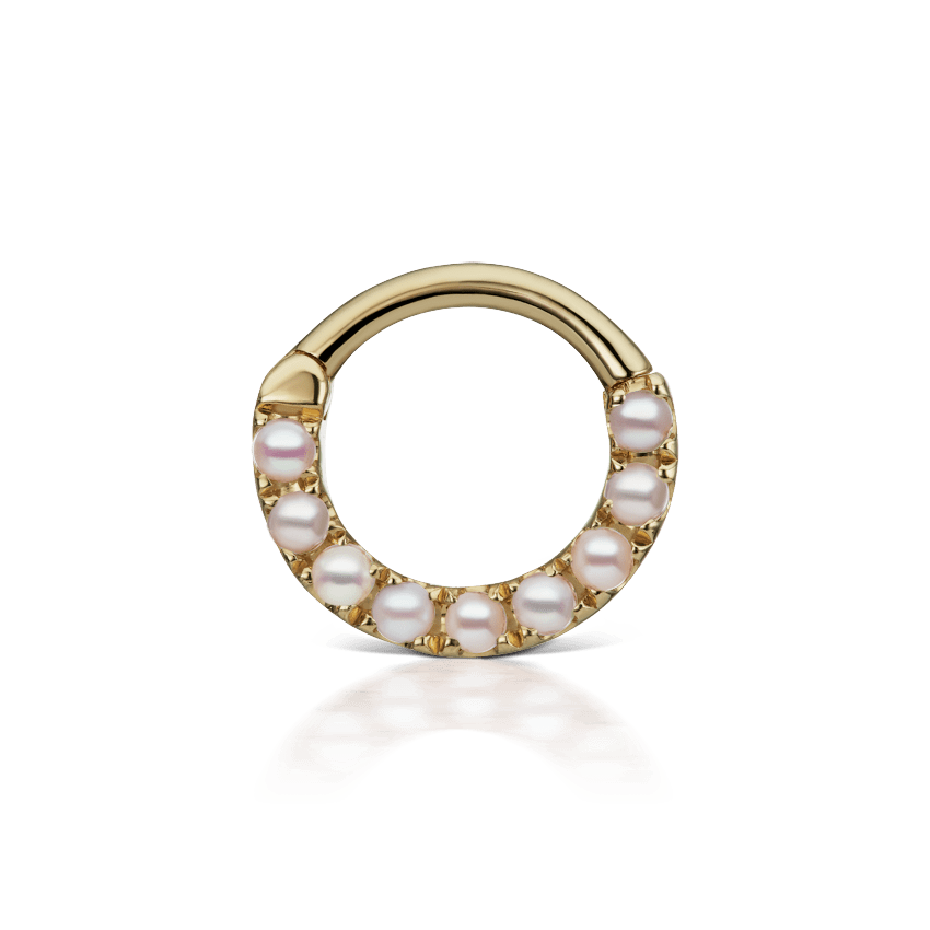 Pearl Horizontal Eternity Hoop Earring Yellow Gold 6.5mm 16 Gauge = 1.3mm