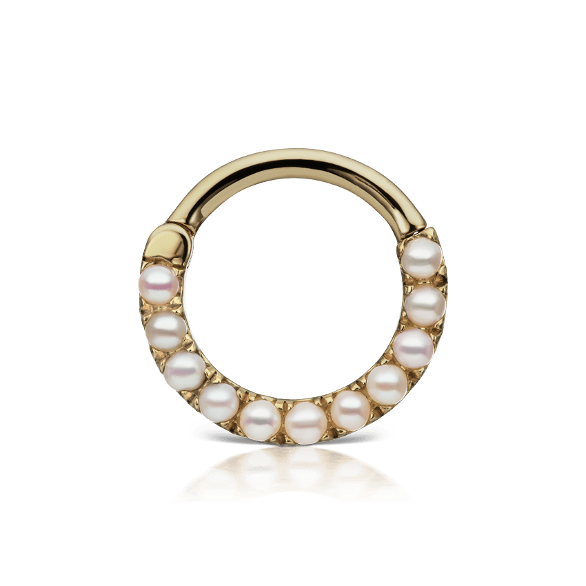 Pearl Horizontal Eternity Hoop Earring Yellow Gold 8mm 16 Gauge = 1.3mm