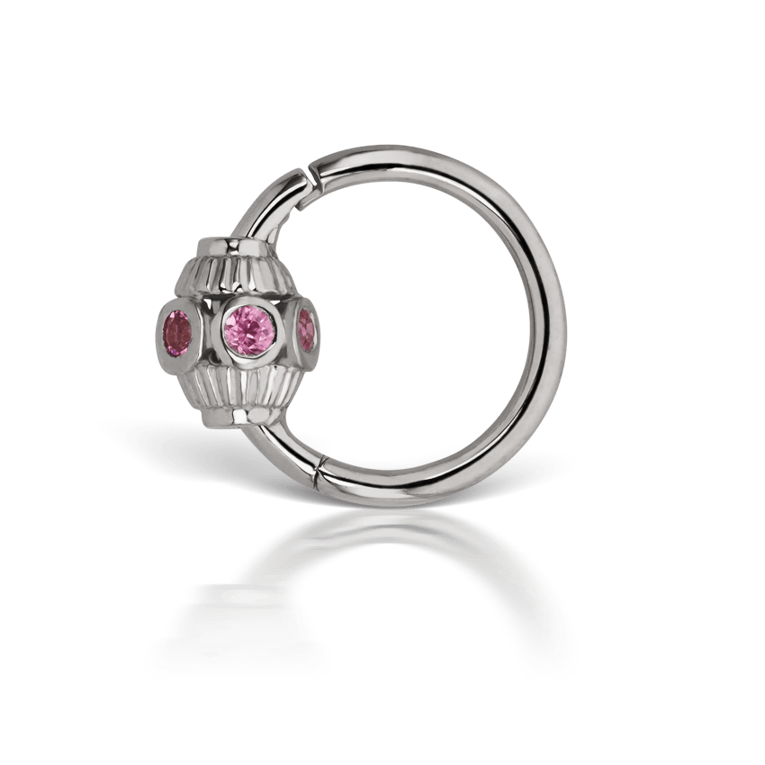 Pink Sapphire Indian Bead Hoop Earring White Gold 8mm