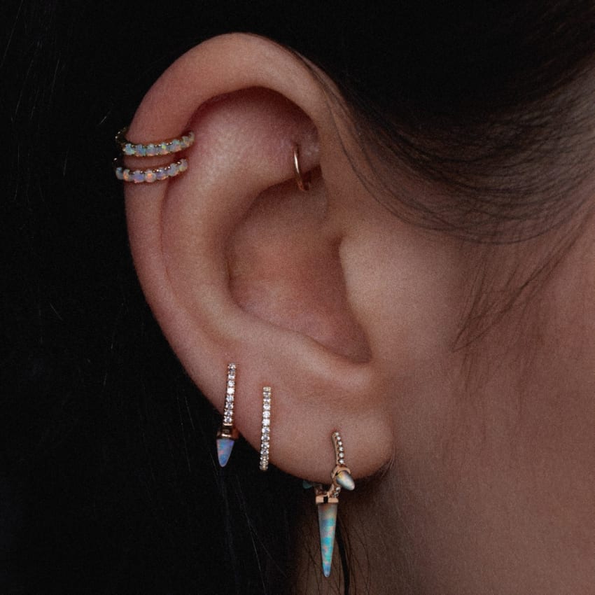 Single Short Opal Spike Diamond Eternity Hoop Earring Yellow Gold 6.5mm