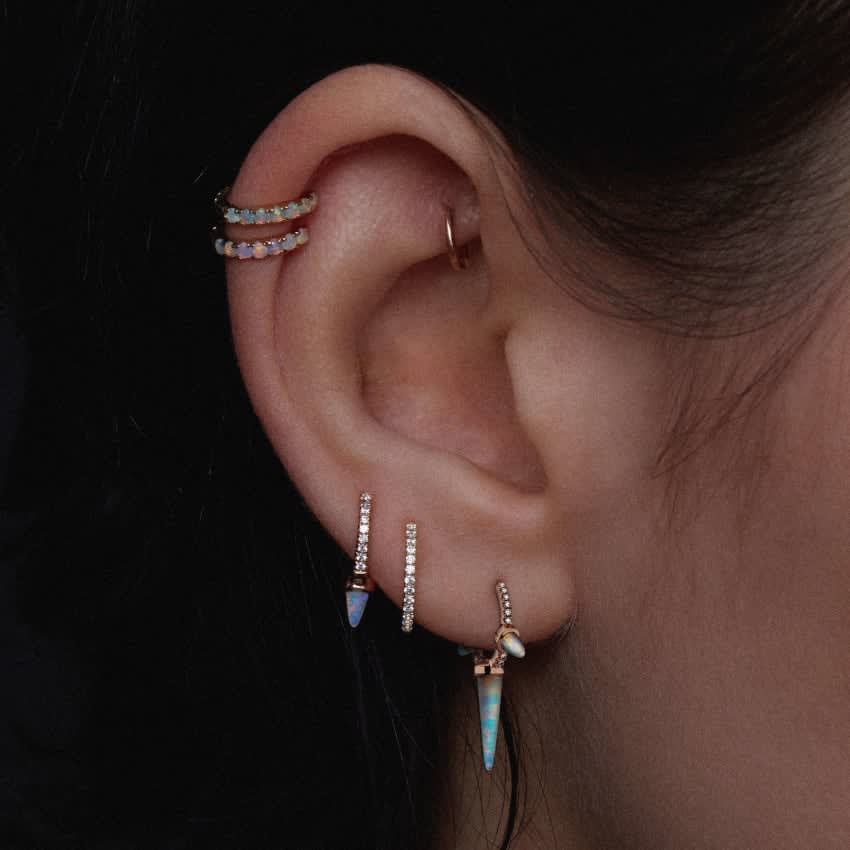 Single Short Opal Spike Diamond Eternity Hoop Earring Yellow Gold 8mm